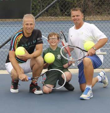 Maxim Chartered Accountants partner Mark Peatey, 10-year-old Richard Moir and North Woden tennis coach Brett Lennard.