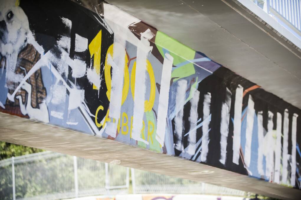 Vandalised street art in the storm drains at the Australian National University. Photo: Rohan Thomson
