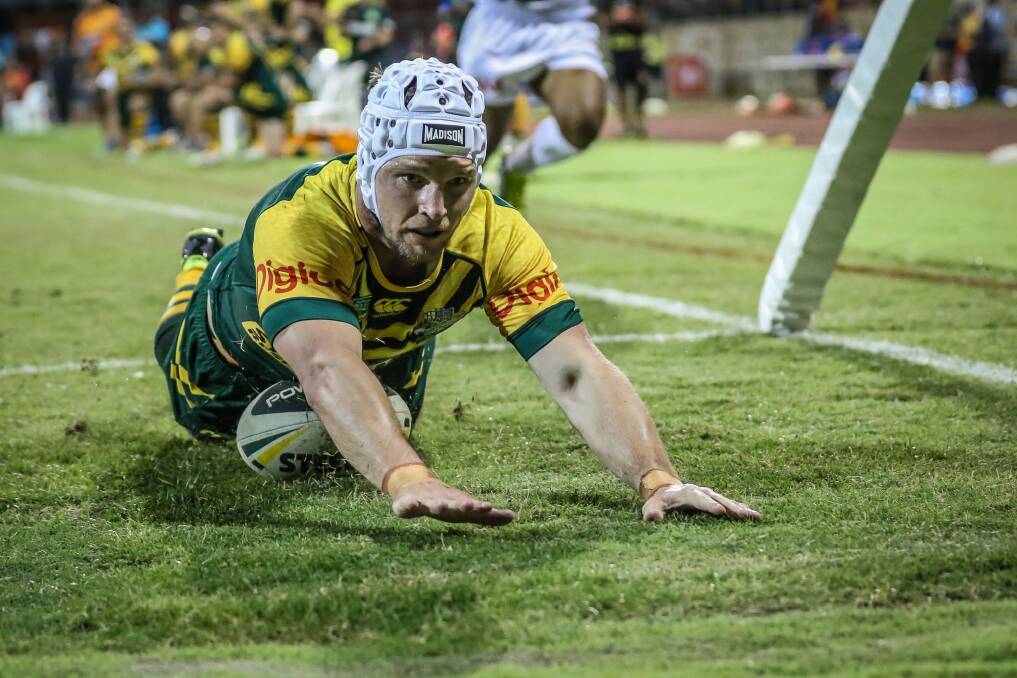 Jarrod Croker scores a try against PNG on Saturday night. Photo: Dave Buller (NRL)