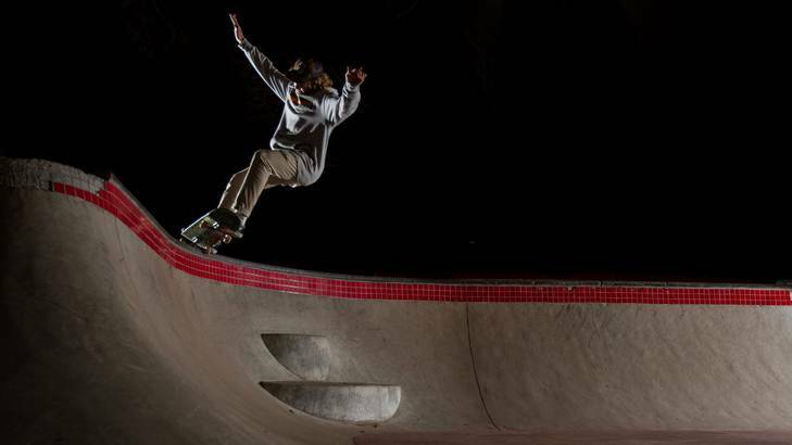 Dylan Jeffrey at Woden skatepark. Photo: Cameron Markin