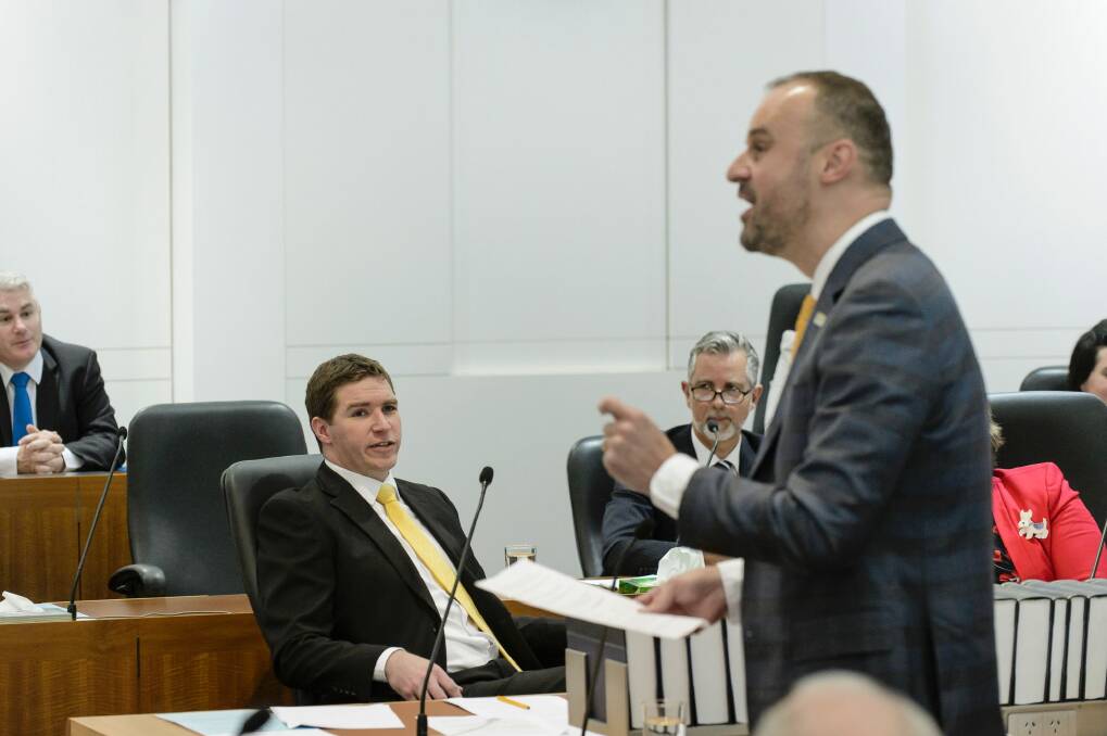Opposition leader Alistair Coe and Chief Minister Andrew Barrin in the Legislative Assembly. The leaders have traded barbs during a parliamentary inquiry into rates rises. Photo: Sitthixay Ditthavong