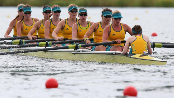 Sarah Cook, fourth from left, finished sixth with her 'motley crew' team in the women's eight final on Thursday. Photo: Getty Images
