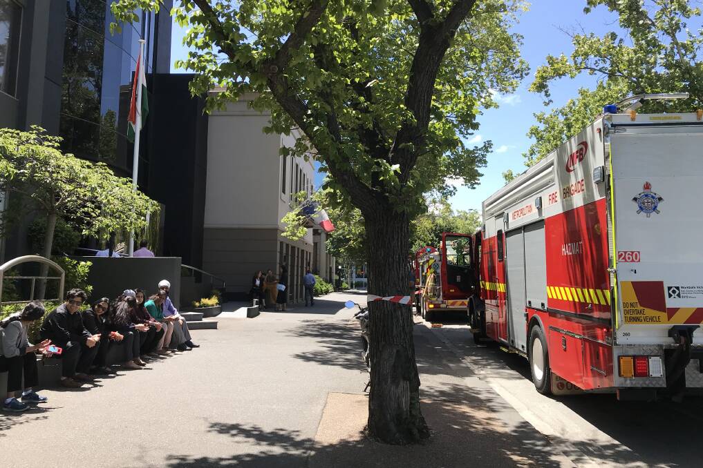 Fire crews outside the Indian consulate on St Kilda Road. Photo: AAP