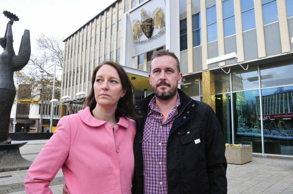 Marcus Thompson and wife Elisa outside the Legislative Assembly after meeting Katy Gallagher and Simon Corbell.  Photo: Melissa Adams