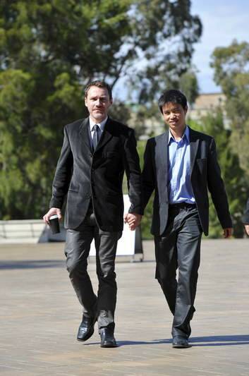 Ivan Hinton and Chris Teoh arriving at the High Court on Tuesday. Photo: Graham Tidy