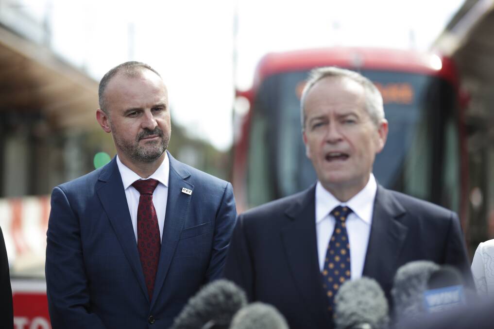 ACT Chief Minister Andrew Barr and Opposition Leader Bill Shorten at the Alinga Street light rail terminal on Tuesday.  Photo: Alex Ellinghausen