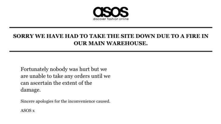 ASOS' website has been taken down and replaced by this holding page after a fire. Photo: ASOS.com