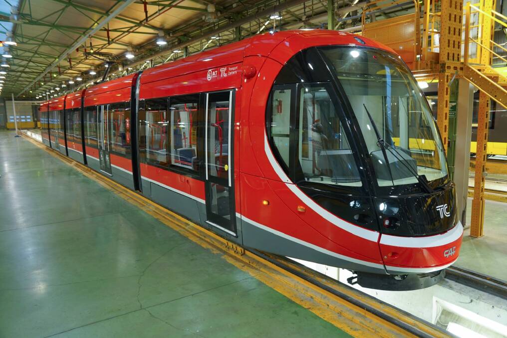 ACT Chief Minister Andrew Barr inspects Canberra's new trams on the production line in Spain. Photo: karlos corbella