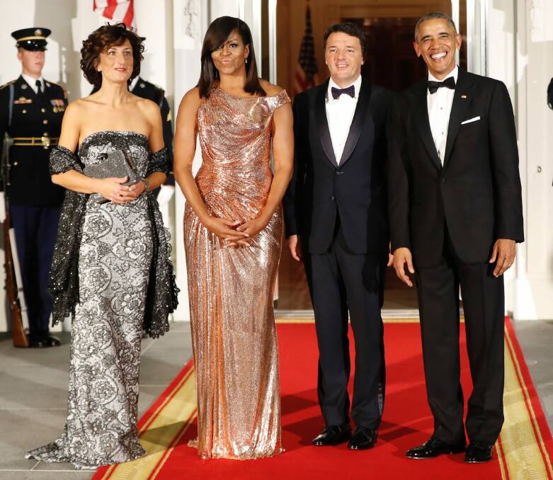 President Barack Obama and first lady Michelle Obama welcome Italian Prime Minister Matteo Renzi and his wife Agnese Landini to the White House. Photo: AP