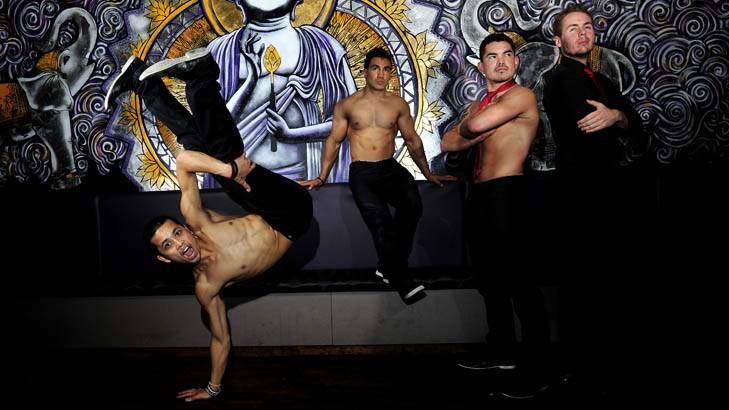 B-Boys, Pauli Meath, 21 of Harrison, Billie Paea,31 of Macquarie, Felipe Valenzuela, 27 of Higgins and Adam Gill,25 of Gilmore will be performing a Magic Mike inspired shirtless breakdancing show at Digress, Civic, Canberra. Photo: Melissa Adams