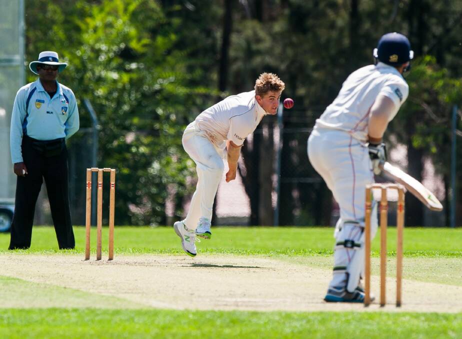 Weston Creek Molonglo bowler Sam Taylor claimed 2-23 as Eastlake were bowled out for 128 on the opening day of their Douglas Cup semi-final at Stirling Oval on Saturday. Photo: Elesa Kurtz