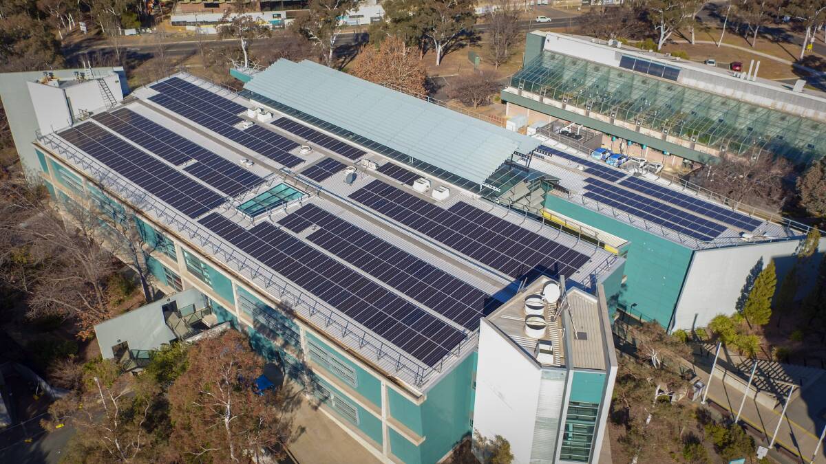 Solar panels on the roof of the CSIRO Discovery Building at Black Mountain, after the first phase of installation earlier in 2018.  Photo: CSIRO