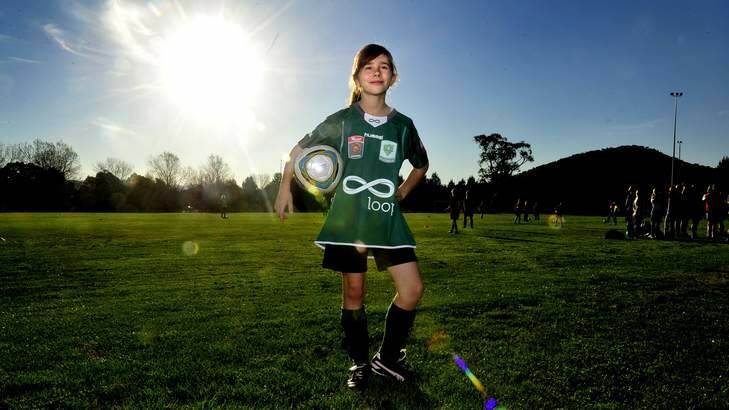 The vision Australia soccer ball that makes a noise when kicked helps Claire Falls, 10 whilst playing soccer due to her eye condition strabismus which effects her depth perception. Photo: Melissa Adams