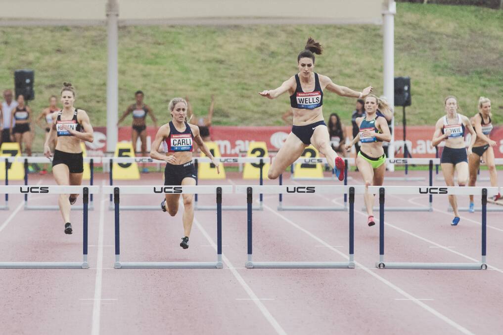 Lauren Wells came first in the 400m hurdles at the Canberra Track Classic on Monday, January 28. Photo: Jamila Toderas. 