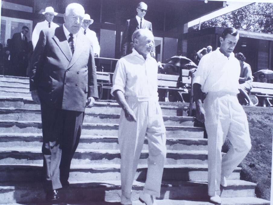 Don Bradman with Prime Minister Robert Menzies and Dexter at Manuka Oval. Photo: Bradman Museum, Bowral