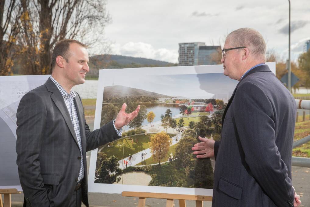 Andrew Barr and Malcolm Snow: The ACT government is still finalising the exact footprint of Floriade 2016, having been told by the NCA to stop killing trees. Photo: Matt Bedford 