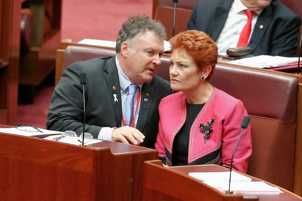 Rodney Culleton and One Nation leader Pauline Hanson in parliament in November.  Photo: Alex Ellinghausen