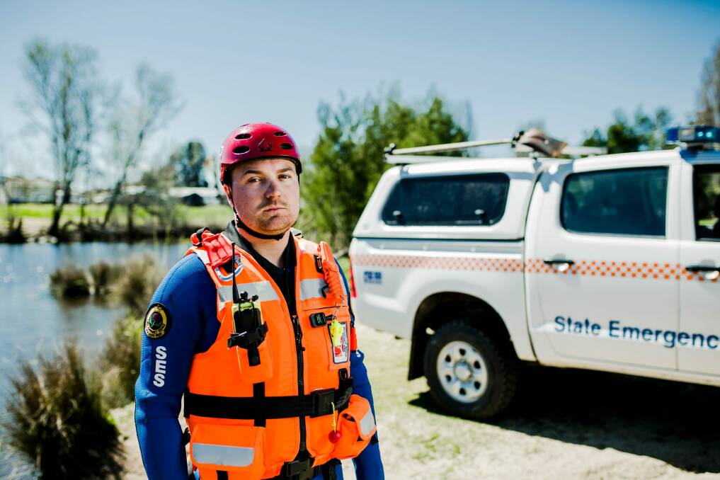 The Queanbeyan SES are helping with floods at Central West NSW and are also preparing for Thursday's wet weather in the ACT region. SES swift-water technician Michael Plumb. Photo: Jamila Toderas