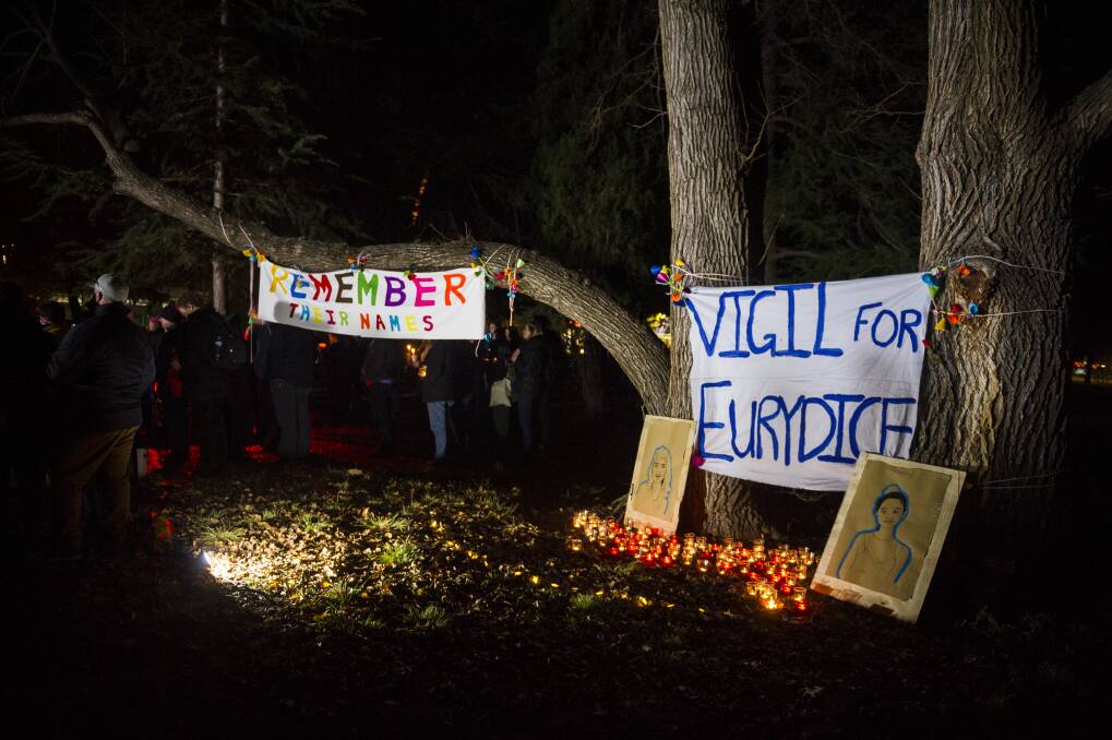 Hundreds of people come to the vigil for Eurydice Dixon at Haig Park.  Photo: Dion Georgopoulos