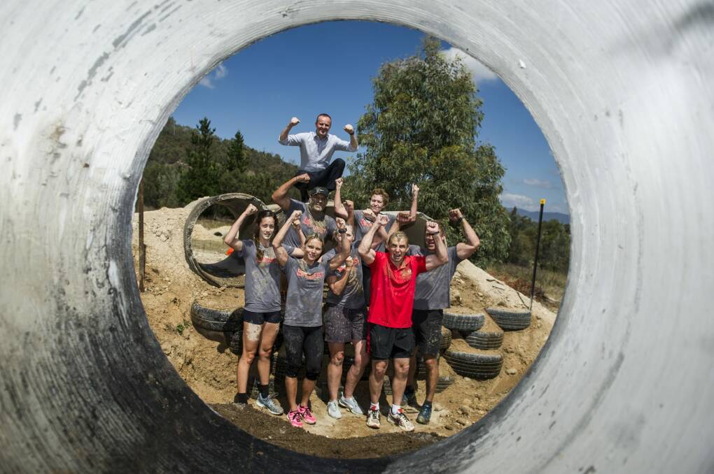 Chief Minister Andrew Barr and competitors set to take on the Bravest adventure obstacle course at Stromlo Forest Park. Photo: Jay Cronan