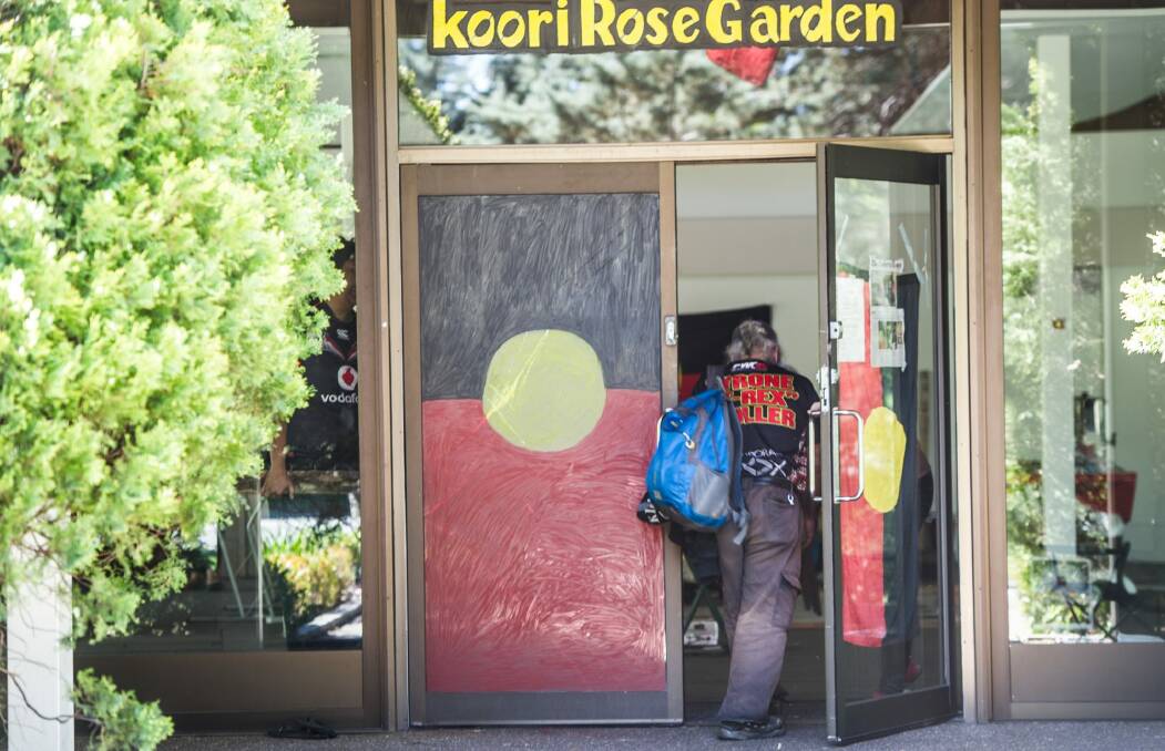 Tent Embassy residents have decorated the Lobby Restaurant building during their occupation. Photo: Karleen Minney