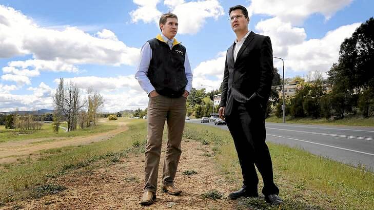 Liberals transport spokesman Alistair Coe and party leader Zed Seselja on William Slim Drive. Photo: Jeffrey Chan