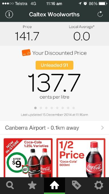 A screenshot of the Woolworths fuel app shows the unleaded petrol price at 137.7 cents per litre for customers with an in store discount or 141.7 for those without.