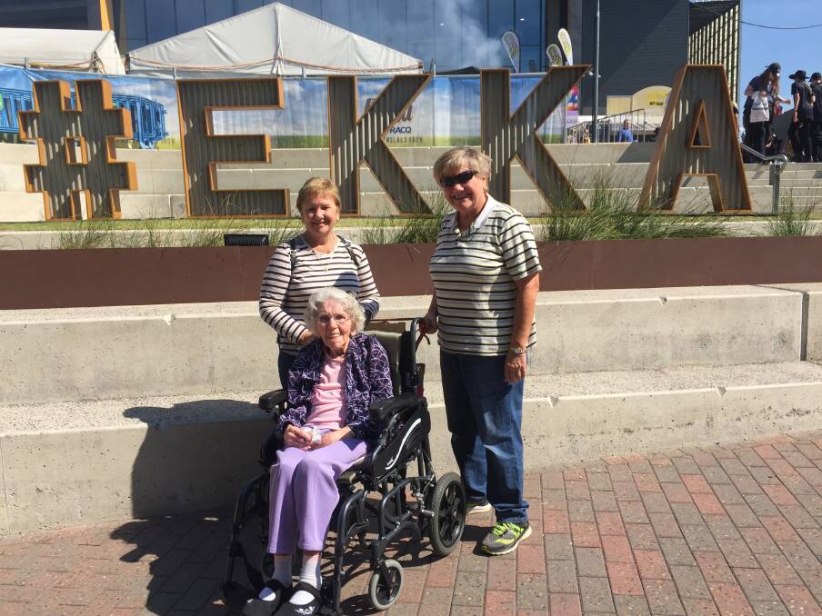 Hashtag Ekka. Daphne Smallcombe, 96, and her daughters Coralie Batchelder and Judy Lemske at the 2018 Ekka. Photo: Tony Moore