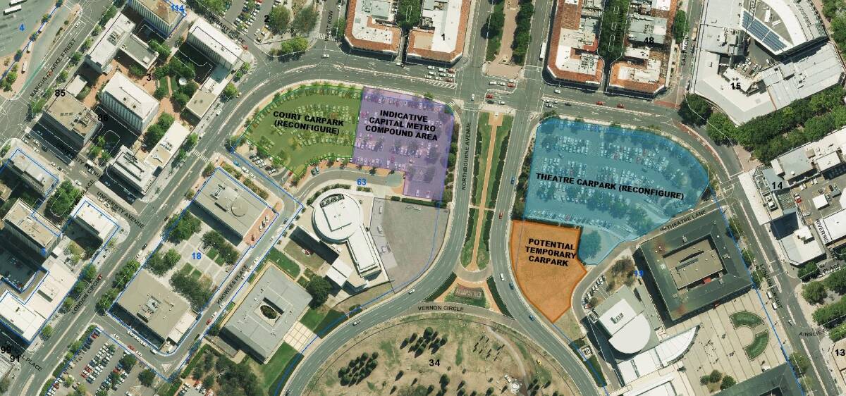 The ACT government's plan for London Circuit car parking, including the tram compound, and the new area behind the theatre car park, in orange. Photo: Supplied