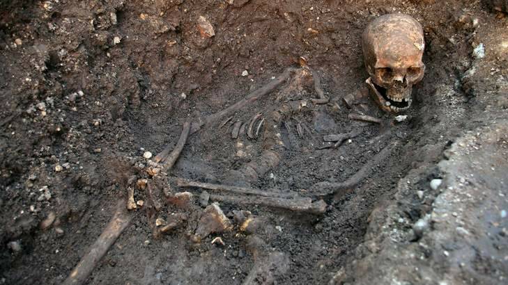 The skeleton of Richard III is seen in a trench at the Grey Friars excavation site in Leicester, central England. Photo: University of Leicester