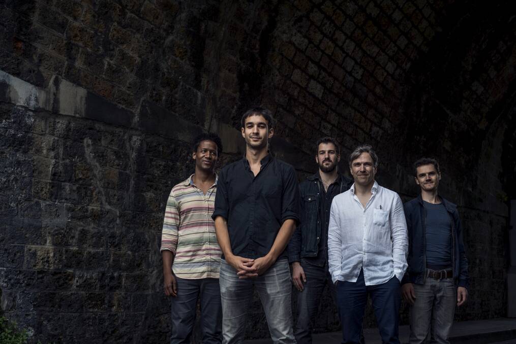 The Alex Stuart Quintet, from left: Irving Acao - Tenor Saxophone and Keyboards ; Alex Stuart - Guitar, compositions; Arno de Casanove - Trumpet, Voice and Keyboards; Antoine Banville – Drums; Ouriel Ellert - Bass. Photo: Supplied