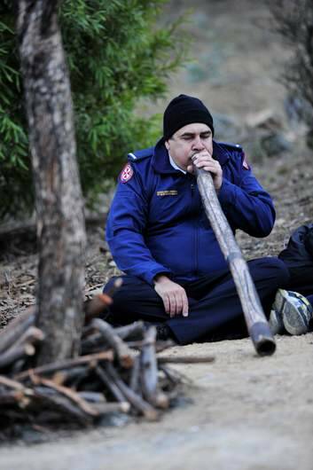 Jeff Timbery of the Dharawal Nation plays the Didgeridoo at The ANZAC Day Aboriginal and Torres Strait Islander Commemoration Ceremony, Canberra. Photo: Jay Cronan