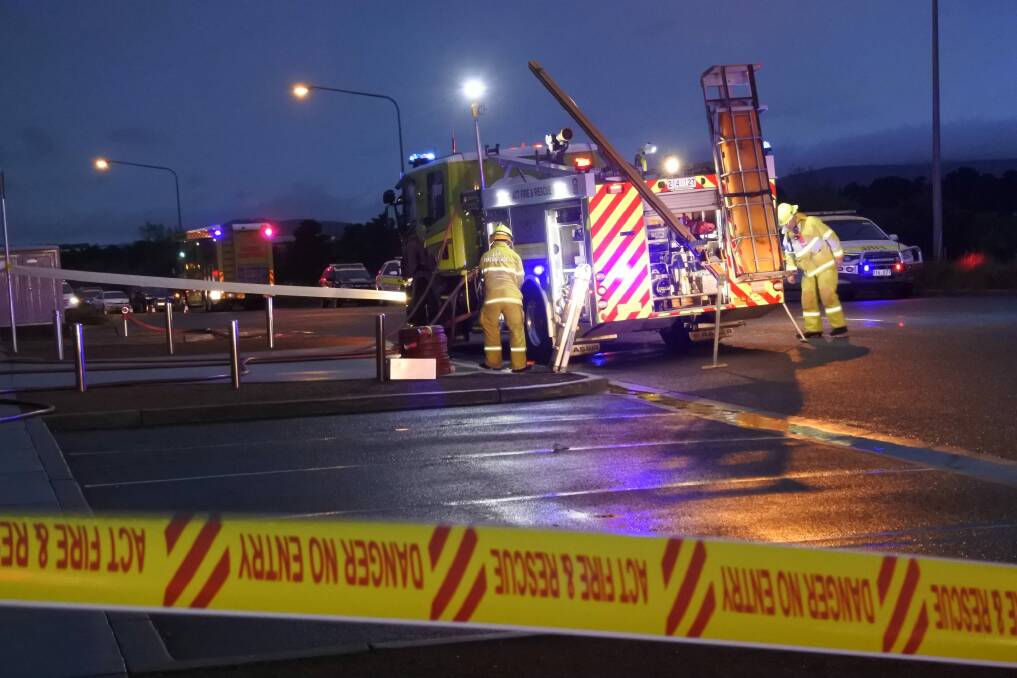 ACT Police and Fire and Emergency Services at the scene of a fire at 65 Tennant St, Fyshwick. Photo: Daniel Burdon
