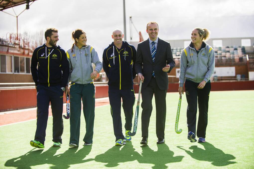 Hockeyroos and Kookaburras players  Andrew Charter, Anna Flanagan, Glenn Turner and Edwina Bone with ACT Chief Minister Andrew Barr to announce Canberra will be hosting international hockey in 2017 and 2019.
 Photo: Rohan Thomson