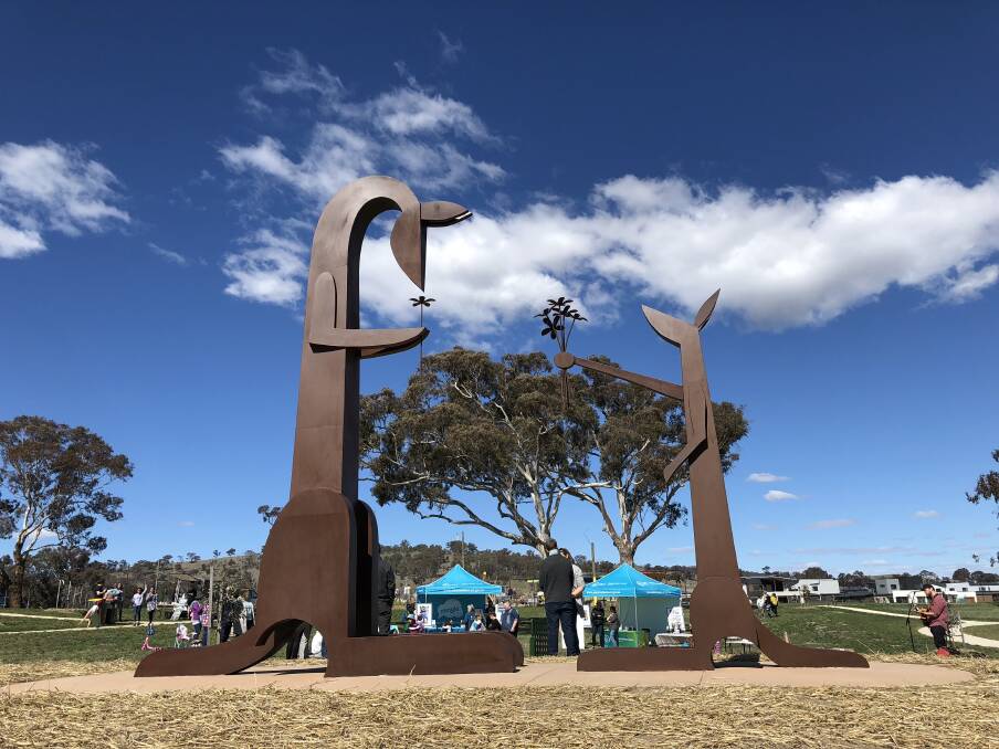 A giant sculpture, which was commissioned by the ACT government for Floriade last year, has been permanently installed in a Throsby park. Photo: Supplied