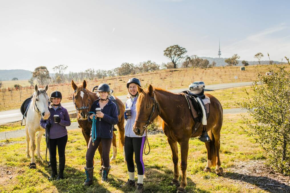 Horse yard opening at the National Arboretum so riders can stop for a coffee and leave their horses to relax. (From left)  Nikki Roach with Sparky, Cathy Banwell with Tali, and Maxine McArthur with Indy. Photo: Jamila Toderas