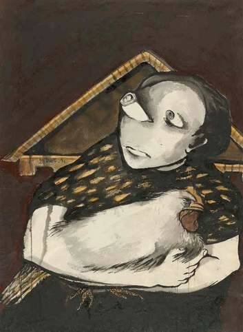 Joy Hester - <i>Girl with hen,</i> 1956, brush and ink, watercolour and oil.