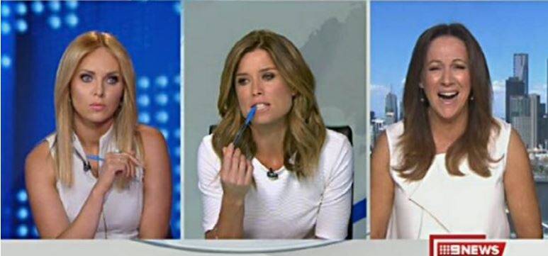 Julie Snook (left), Amber Sherlock (middle) and Sandy Rea all wore tops on air on Channel Nine - causing Sherlock to thrown a tantrum. Photo: Nine Network