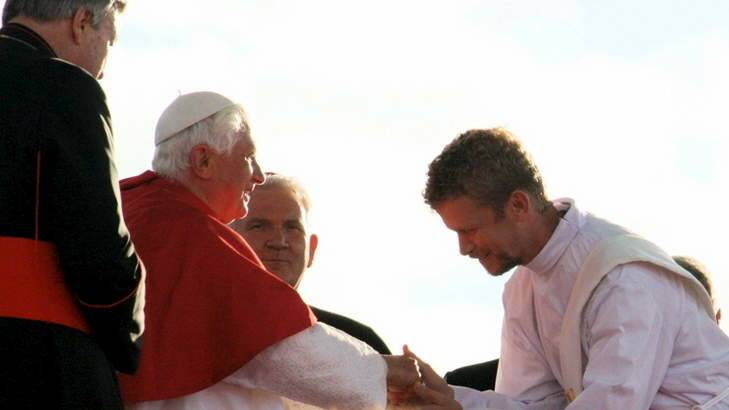 Canberra's Deacon Matt Ransom (right) with Pope Benedict at World Youth Day in Sydney in August 2008.?