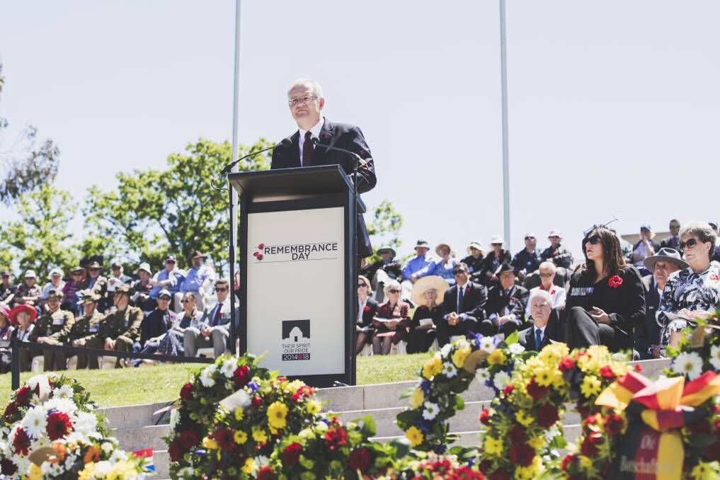 Prime Minister Scott Morrison delivers his Remembrance Day address  Photo: Jamila Toderas