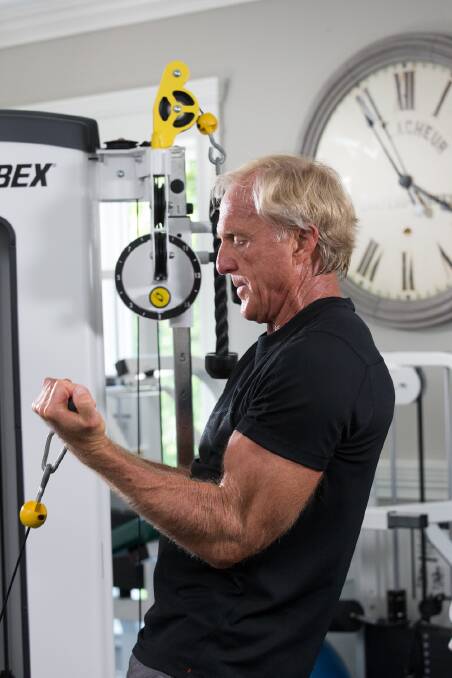 Greg Norman works out everyday. His sessions include three sets of cable bicep curls, 12 reps each.  Photo: Michael O'Bryon