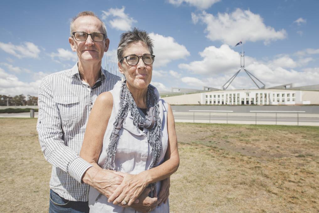 Tony and Liane Drummond of Chillingham NSW have walked 10,000km from northern NSW to Melbourne to raise awareness of mental health needs after Laine's son David died by suicide in 2016.
They are in Canberra to talk to federal politicians about the need for more emergency and acute care for people with mental health issues.
 Photo: Jamila Toderas