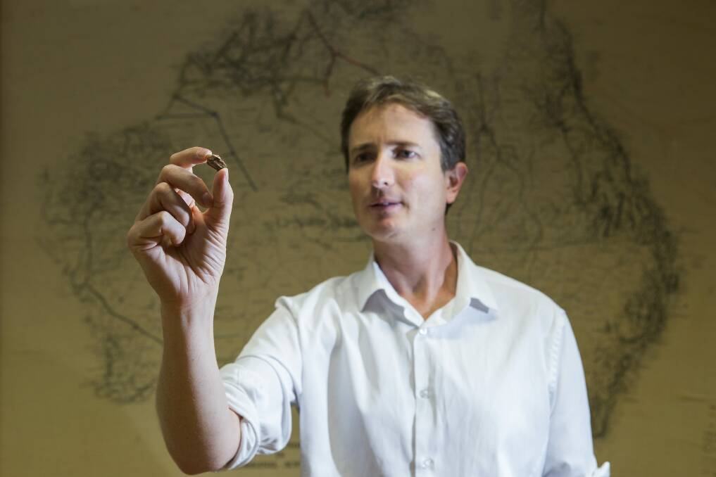 ANU lecturer Dr Duncan Wright with the stone scraper uncovered on Springbank Island. Photo: Stuart Hay