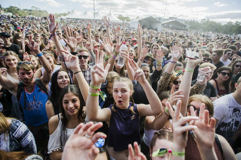 Crowds cheer as the DZ Deathrays play the Canberra festival on Sunday. Photo: Jamila Toderas