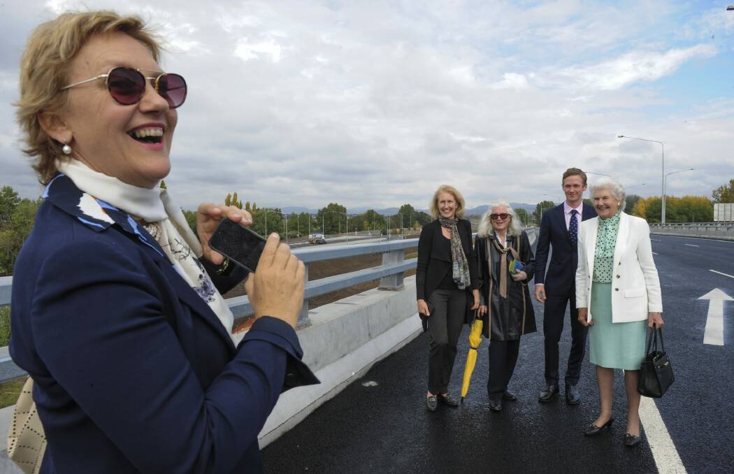 Tamie Fraser poses for a photo on the bridge with her daughter, Phoebe Wynn-Pope, friend Dimity Davy, grandson Sandy Marshall, taken by daughter, Angela Marshall,.. Photo: Graham Tidy