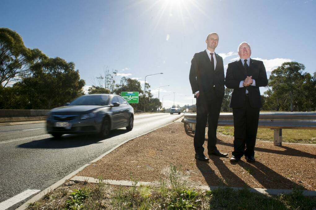 Chief Minister Andrew Barr and Roads Minister Mick Gentleman announce funding for Ashley Drive duplication works. Photo: Jay Cronan