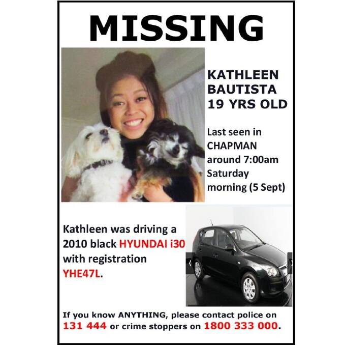 A poster with information about missing Canberra woman Kathleen Bautista. Photo: Supplied