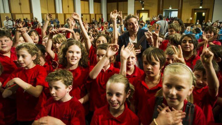 In tune with children: Olympian Matthew Mitcham  joined North Ainslie Primary Students at the <i>Music: Count Us In</i> event. Photo: Rohan Thomson