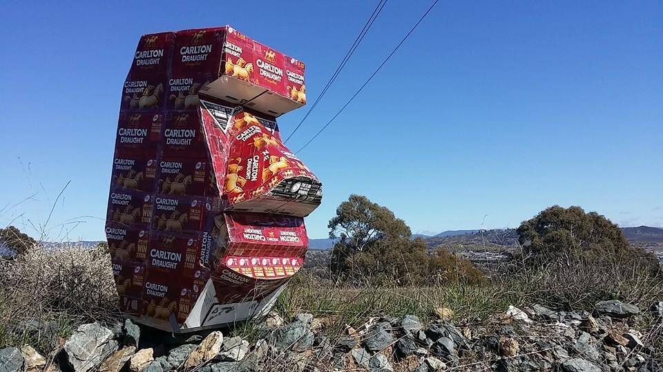 Two cardboard heads reminiscent of the iconic Easter Island stone heads have mysteriously appeared next to the Tuggeranong Parkway. Photo: The Canberra Page/Facebook