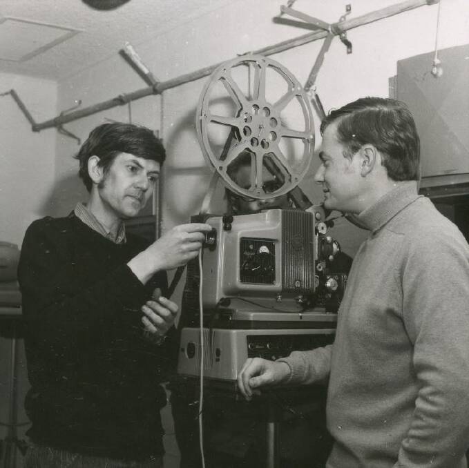 Arthur Cantrill and Andrew Pike in a projection booth at the ANU's Coombs Theatre in 1969. Photo: ANU Archives
